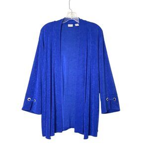 Chico's Open-Front Royal Blue Slinky Cardigan Grommet Cuff Detail Womens Sz 3/XL
